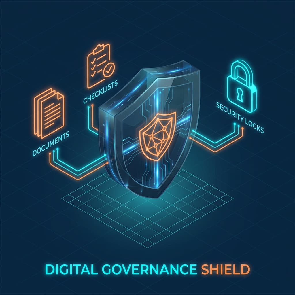 AI Governance Shield Schematic - Visual representation of secure and ethical AI deployment for Australian SMEs.